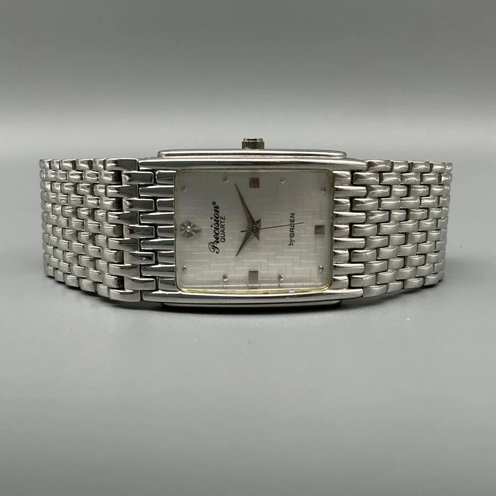 Gruen Precision Mens Watch 22mm Silver Tone Rectangle Dial New Battery 8.25